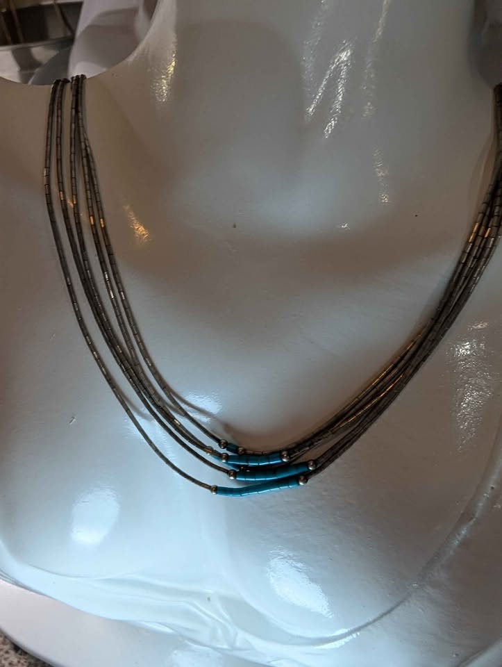 Sterling liquid silver 5 strand necklace genuine turquoise - photo 3