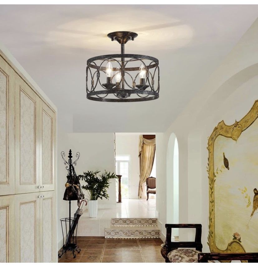 3 Light Flush Mount Metal Chandelier