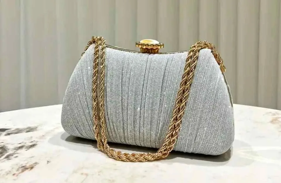 Brand new stylish silver glitter pleated party bag thumbnail