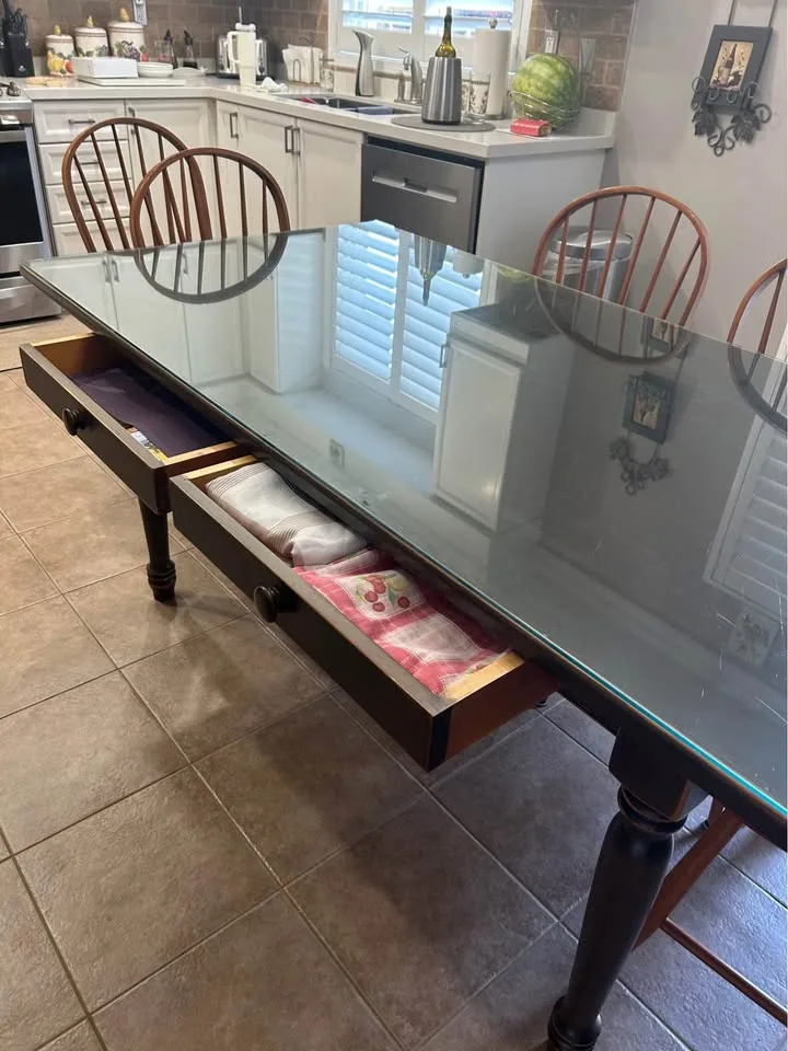 Walnut Dining Table Set w/ Glass Top & 6 Chairs image indicator(6)