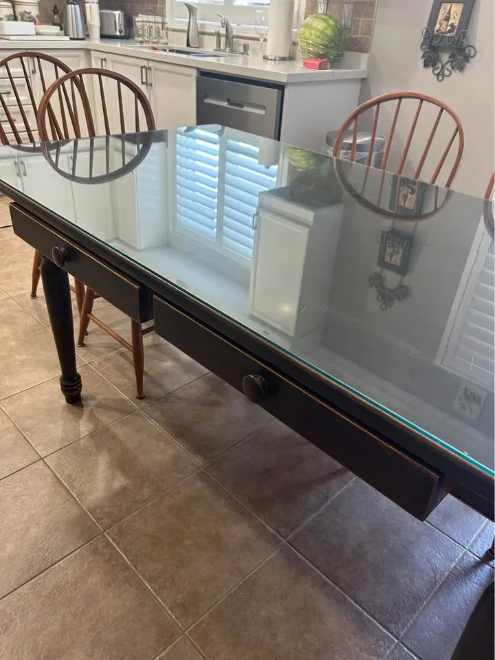 Walnut Dining Table Set w/ Glass Top & 6 Chairs image indicator(7)