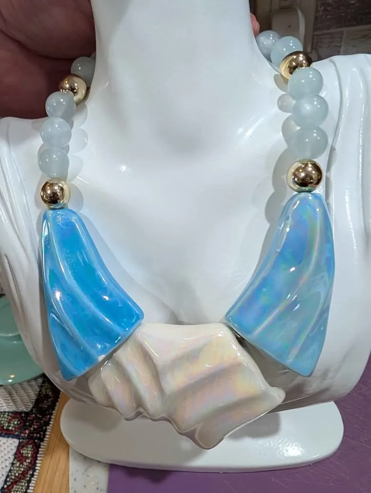 Vintage Iridescent Ceramic blue and cream necklace image indicator(2)
