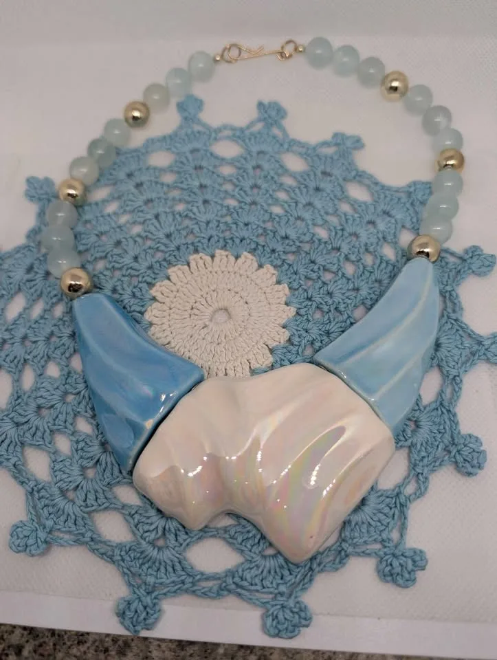 Vintage Iridescent Ceramic blue and cream necklace image indicator(3)