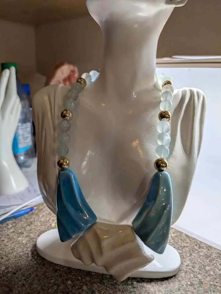 Vintage Iridescent Ceramic blue and cream necklace image indicator(4)