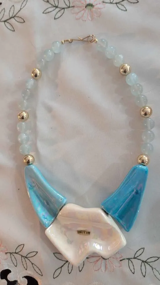Vintage Iridescent Ceramic blue and cream necklace image indicator(5)