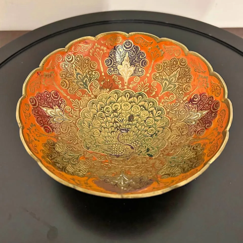 Vintage Handcrafted Brass Enamel Peacock Bowl thumbnail