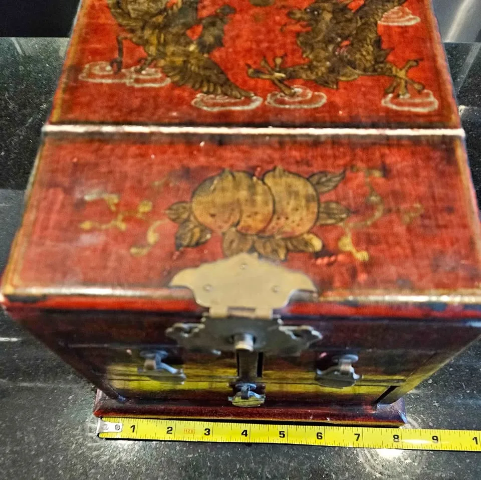 Vintage red Asian jewelry box with mirror thumbnail