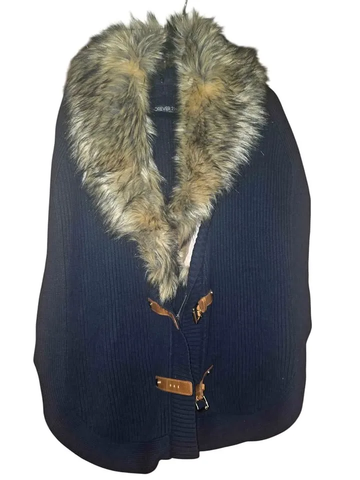 FAUX FUR COLLAR CAPE SWEATER xl black