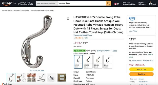 Hasware 6 Pcs Double Prong Robe Hook (Satin Nickel) image indicator(5)