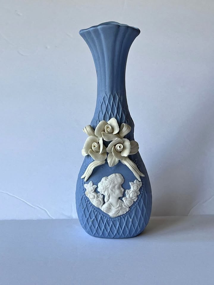 Wedgwood Blue Vase - Floral & Basket Weave - Cello Shape