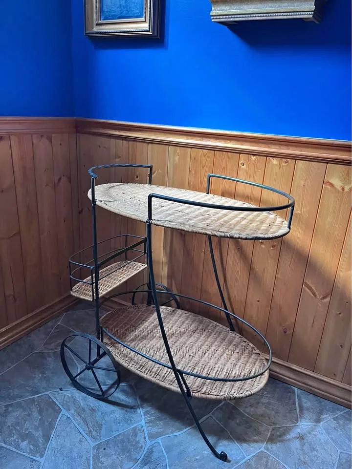 Vintage wicker, and wrought iron bar cart, fully functional thumbnail
