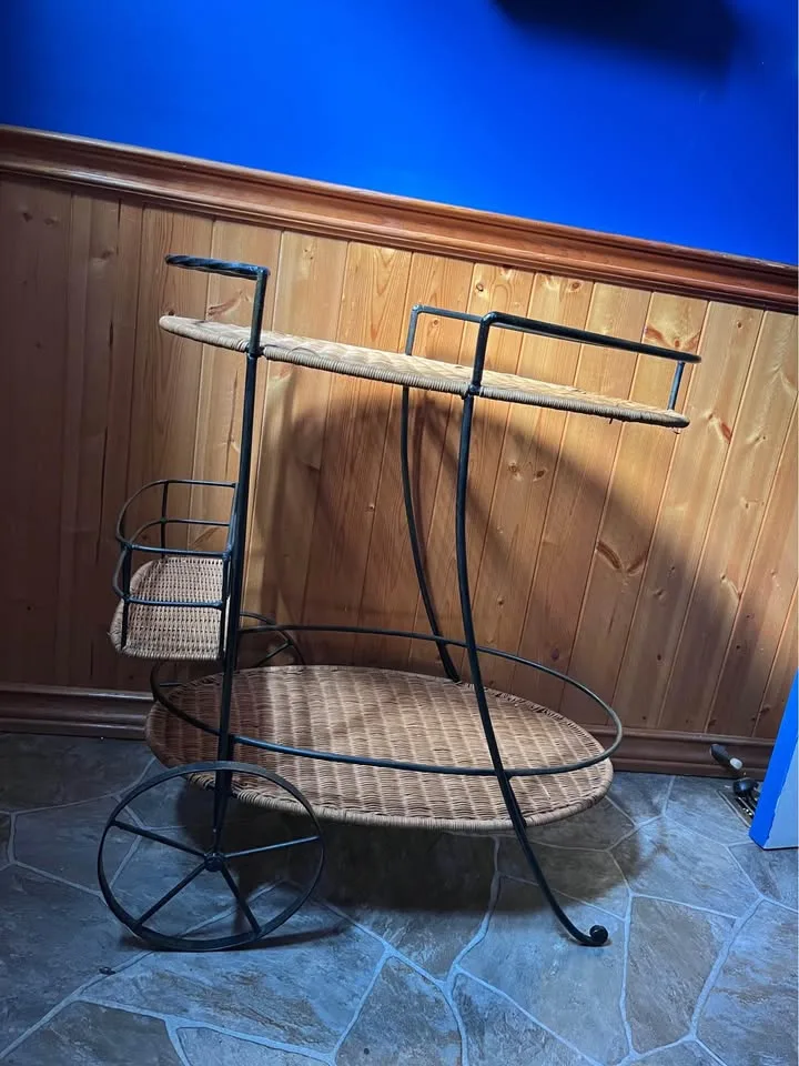 Vintage wicker, and wrought iron bar cart, fully functional image indicator(2)