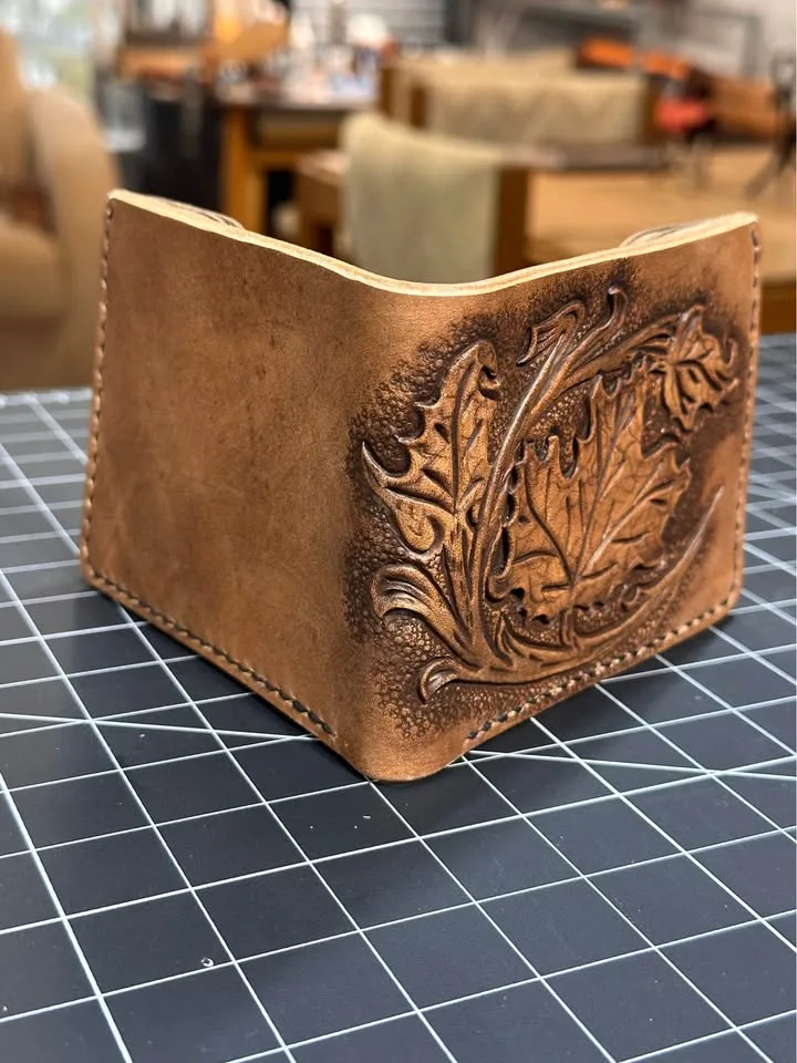 Hand-Carved Leather Bifold Wallet — Maple Leaf Design image indicator(2)