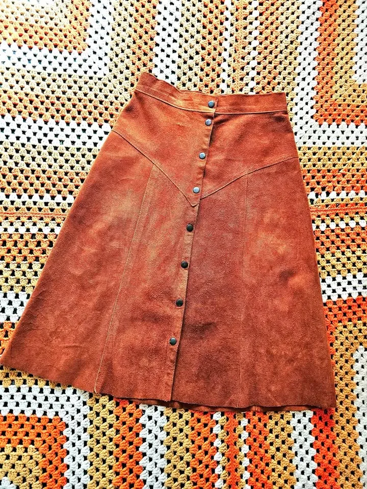 Vintage 1970s Suede Terracotta Midi Skirt