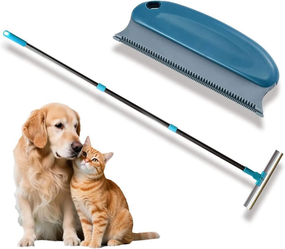New~Pet Hair Removal Rake, 54" Adj Handle, W/Small Brush