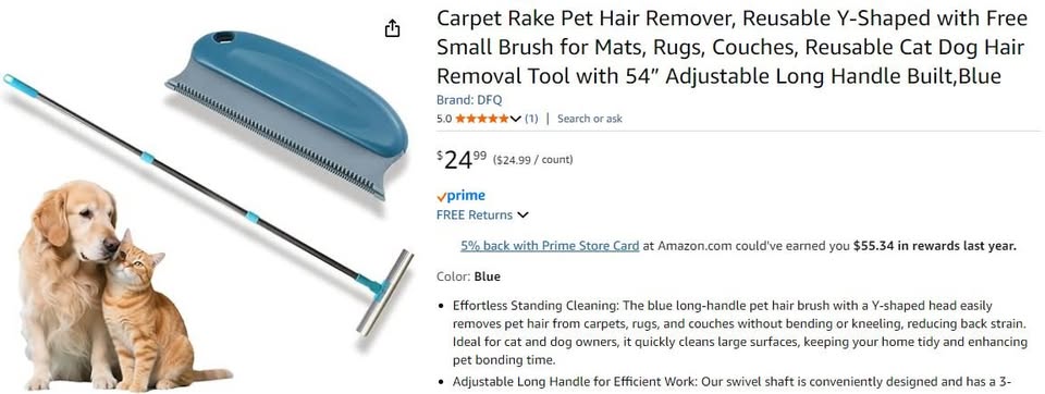 New~Pet Hair Removal Rake, 54" Adj Handle, W/Small Brush - photo 5
