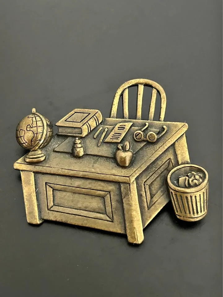 Vintage JJ Signed Teacher’s Desk Brooch – Brass Tone, 1980s thumbnail