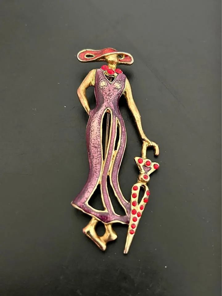 Vintage Enamel Lady Brooch with Red Hat and Umbrella thumbnail