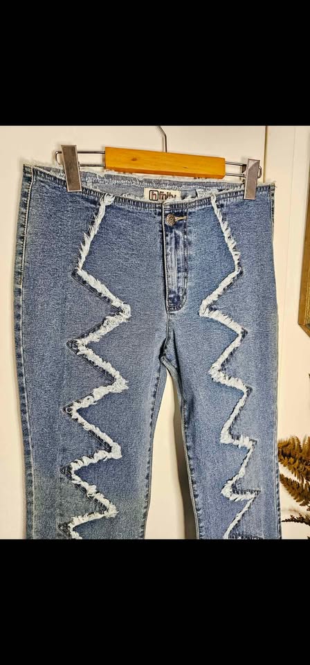 Size 9/10 Vintage Y2K Low Rise Zigzag Fringe Blue Flare Jeans - photo 2