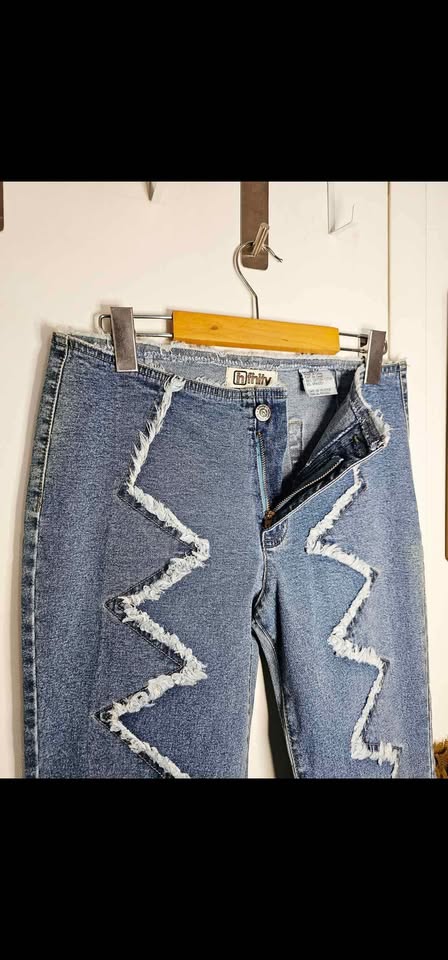 Size 9/10 Vintage Y2K Low Rise Zigzag Fringe Blue Flare Jeans - photo 4