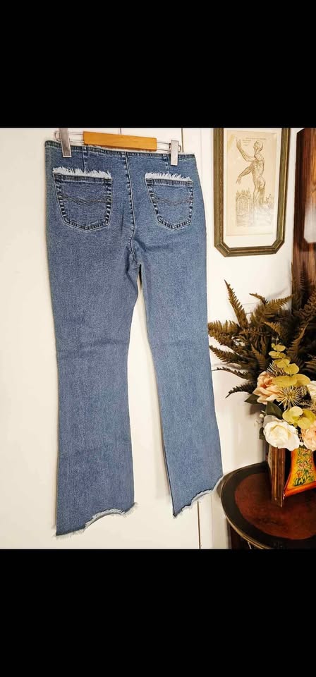 Size 9/10 Vintage Y2K Low Rise Zigzag Fringe Blue Flare Jeans - photo 5