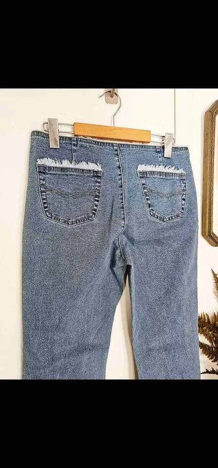 Size 9/10 Vintage Y2K Low Rise Zigzag Fringe Blue Flare Jeans image indicator(6)