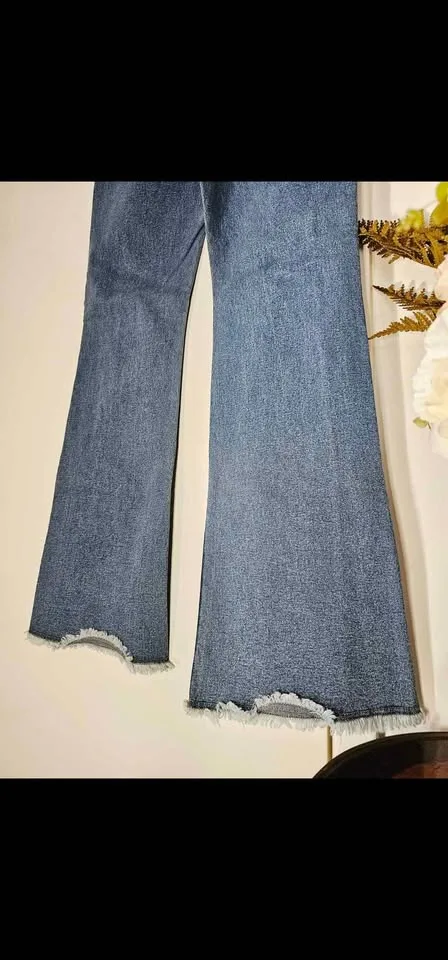 Size 9/10 Vintage Y2K Low Rise Zigzag Fringe Blue Flare Jeans image indicator(8)
