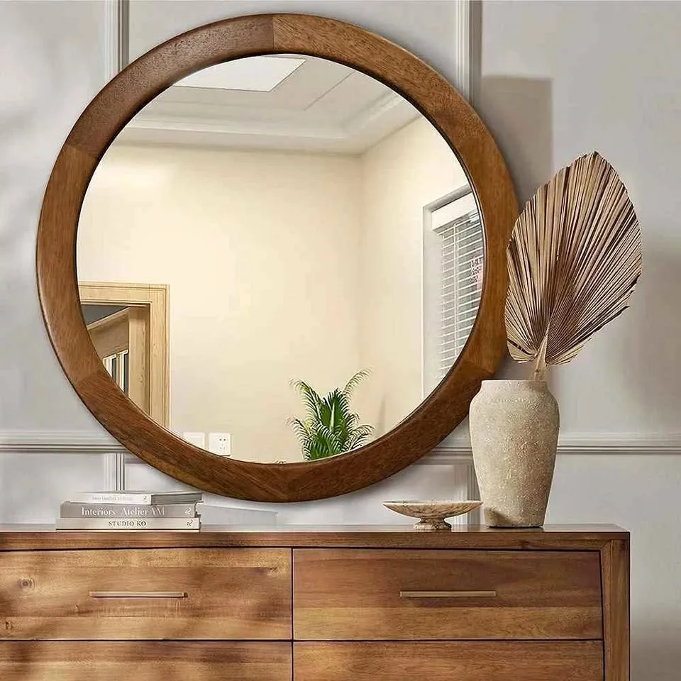 Round Mirror 36 Inch,Wood Rustic Bathroom Tempered Wall Mirror thumbnail