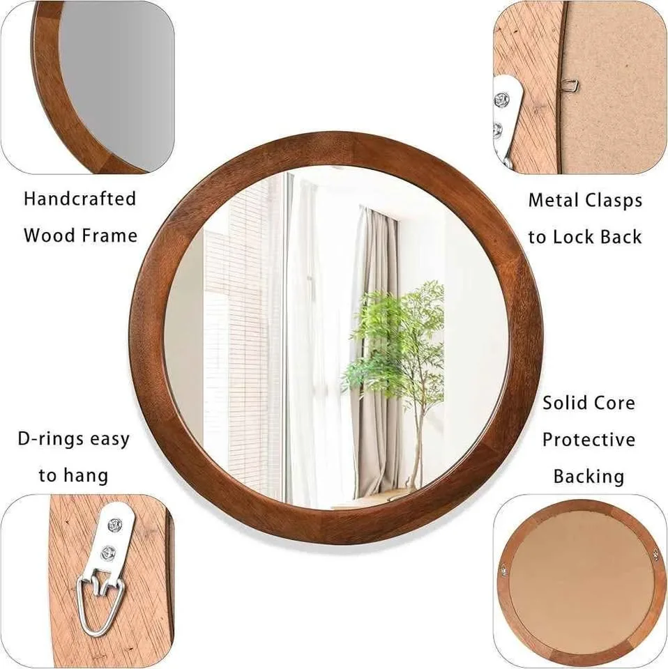 Round Mirror 36 Inch,Wood Rustic Bathroom Tempered Wall Mirror image indicator(2)