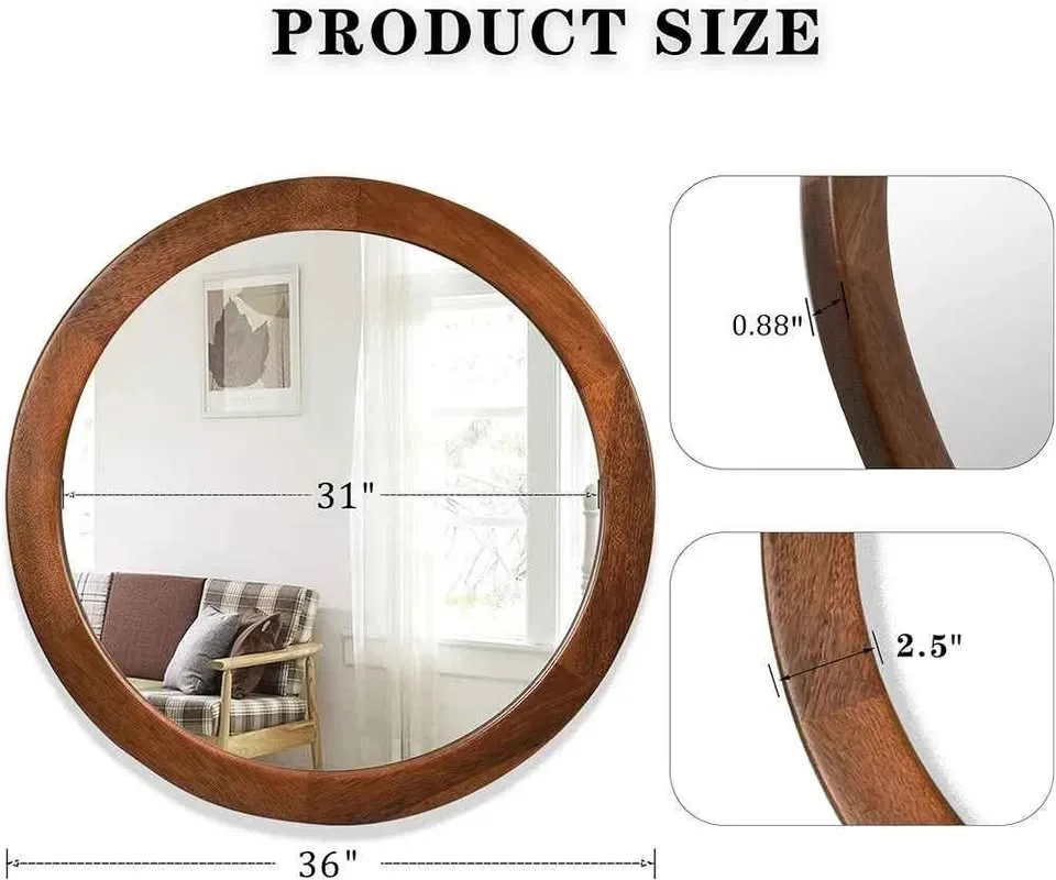Round Mirror 36 Inch,Wood Rustic Bathroom Tempered Wall Mirror image indicator(3)