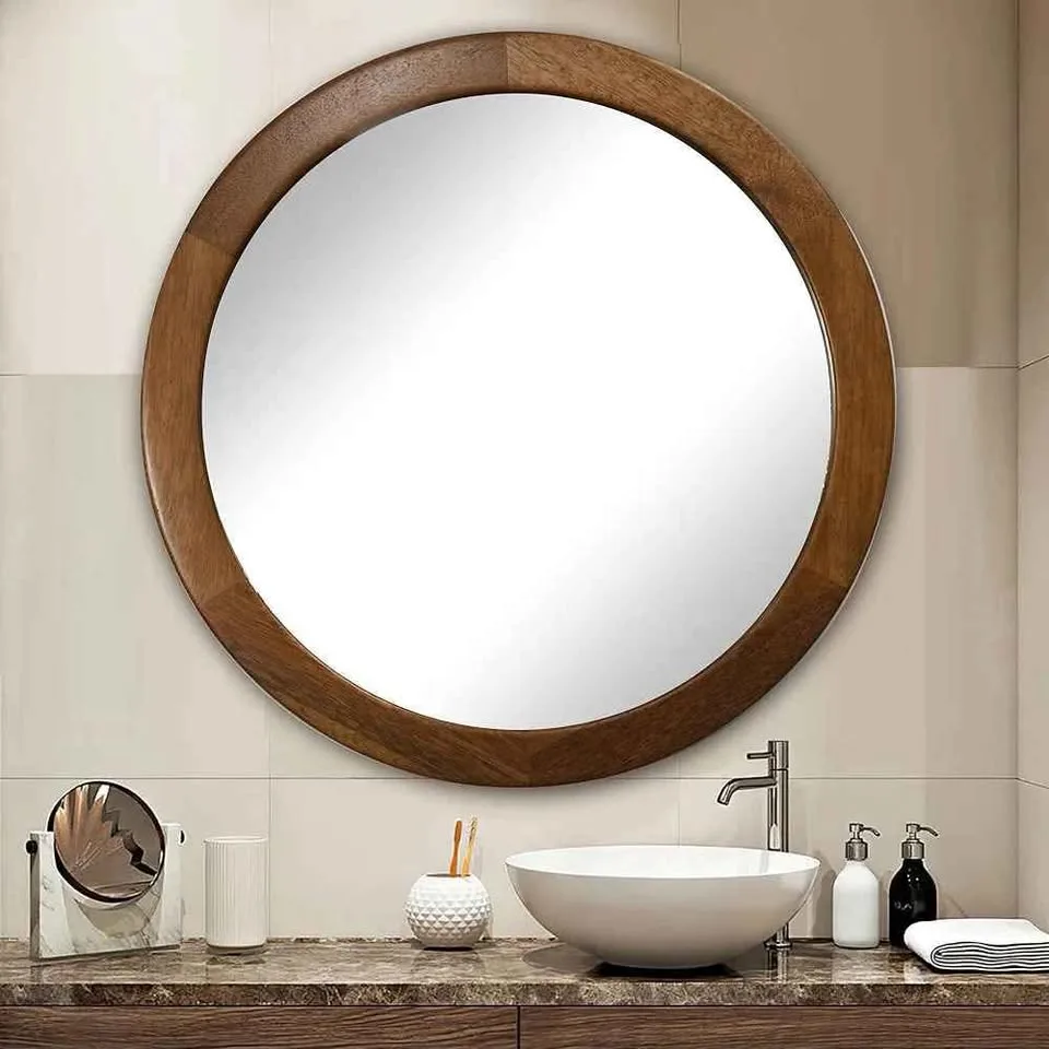 Round Mirror 36 Inch,Wood Rustic Bathroom Tempered Wall Mirror image indicator(4)