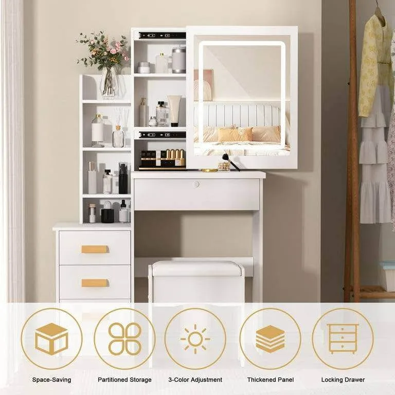 Makeup Vanity Desk with Mirror and LED Lights image indicator(4)