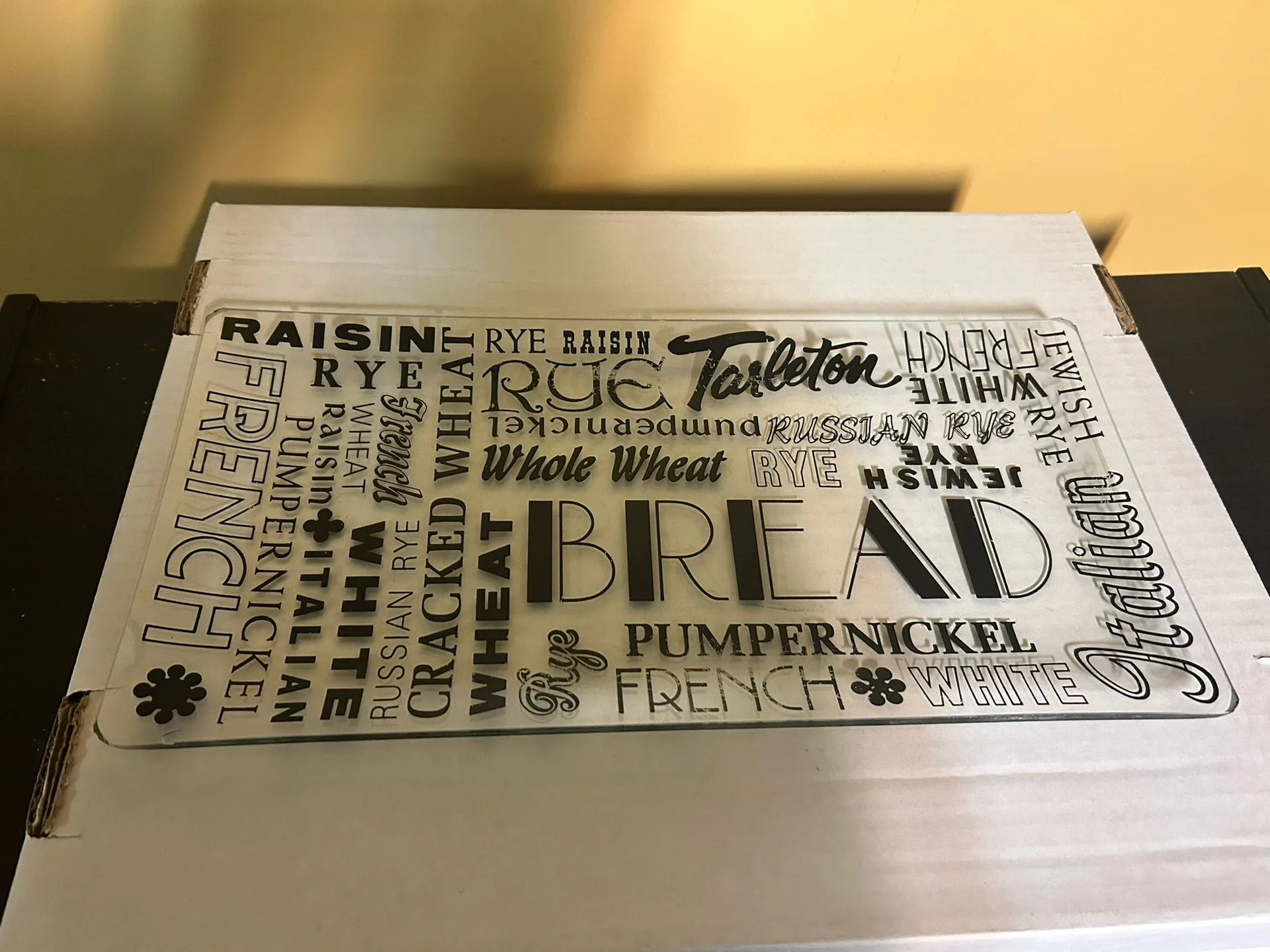 Glass Bread Board with Text of Types of Bread