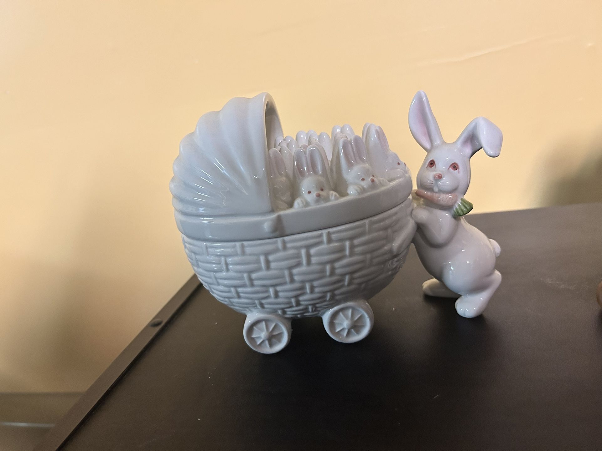 Adorable Porcelain Bunny Baby Carriage Figurine