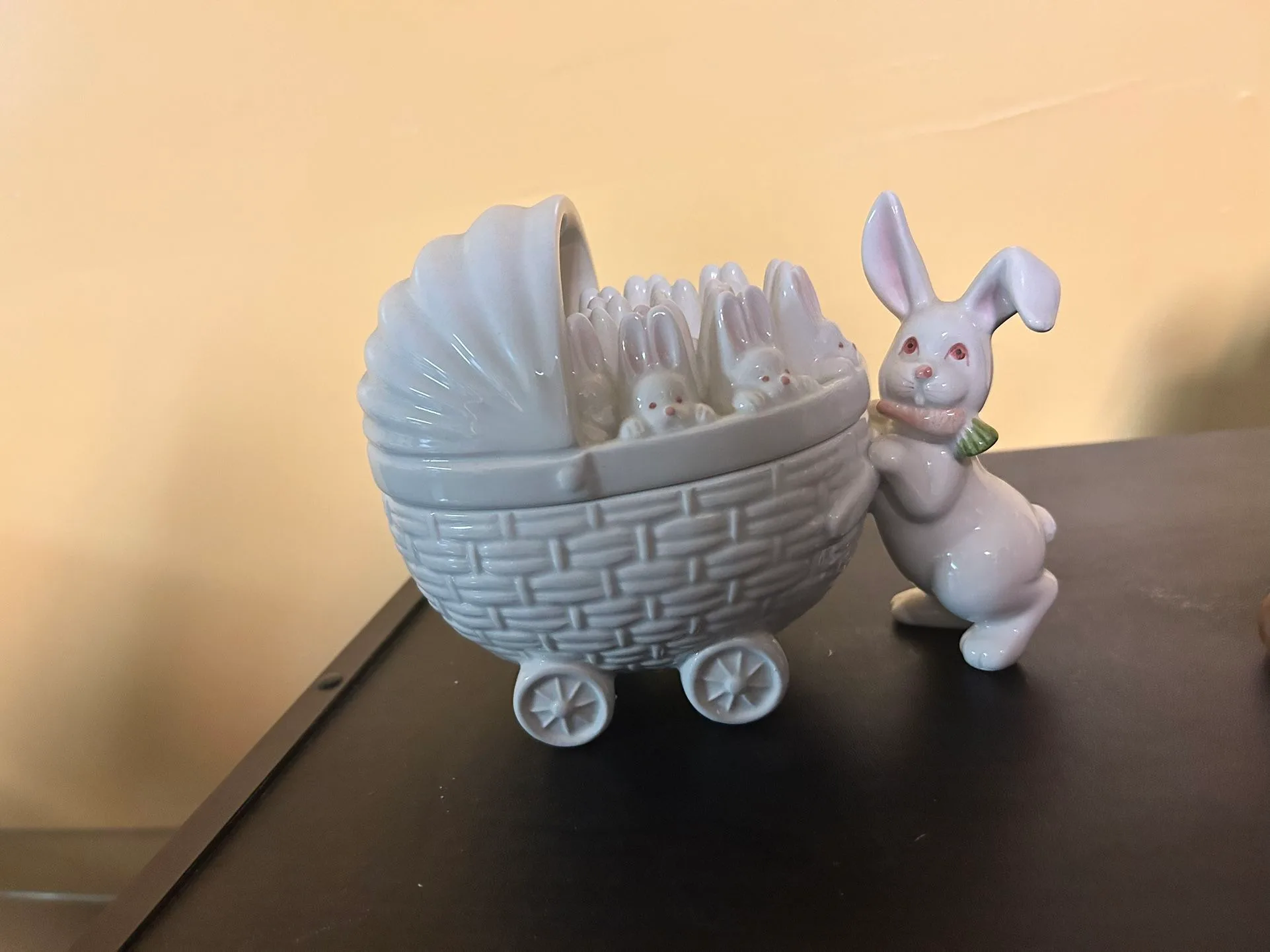 Adorable Porcelain Bunny Baby Carriage Figurine