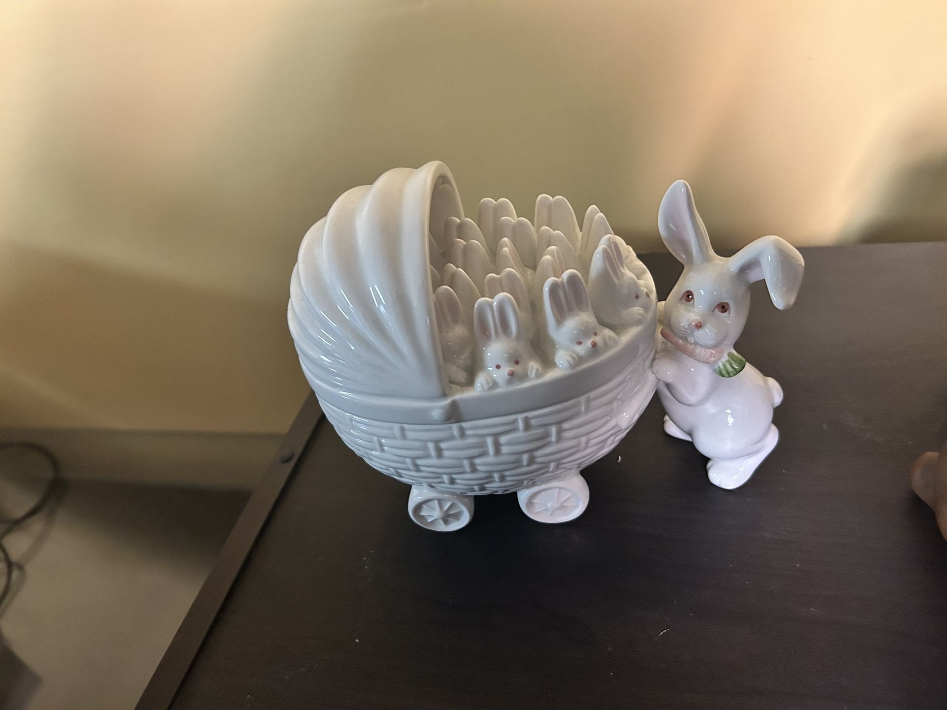 Adorable Porcelain Bunny Baby Carriage Figurine - photo 5