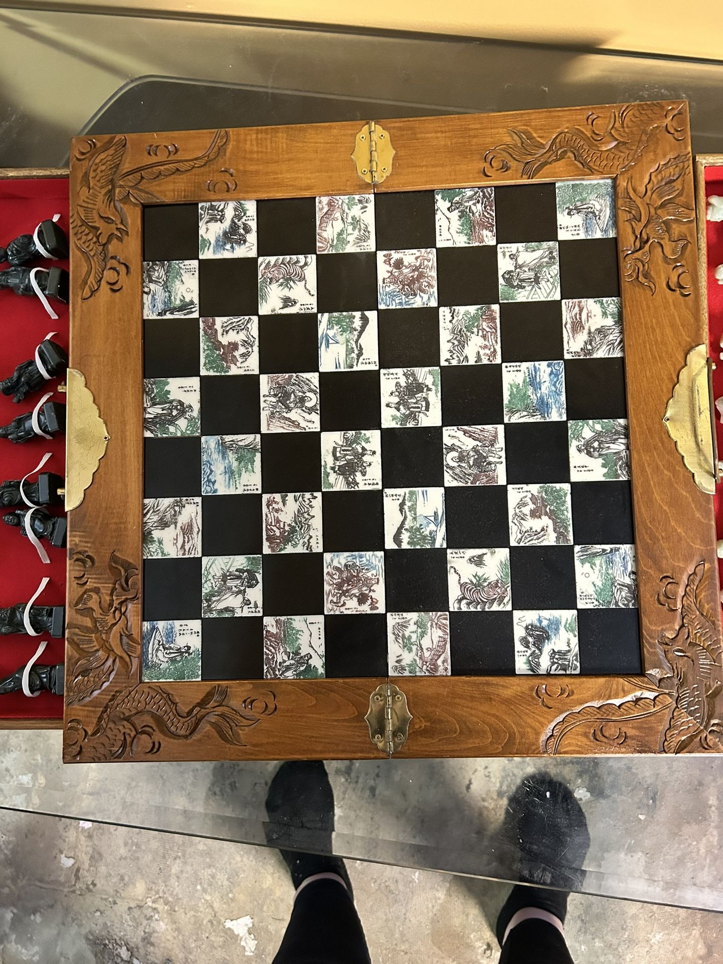 Antique Chinese Carved Wood Chess Set with Jade Pieces