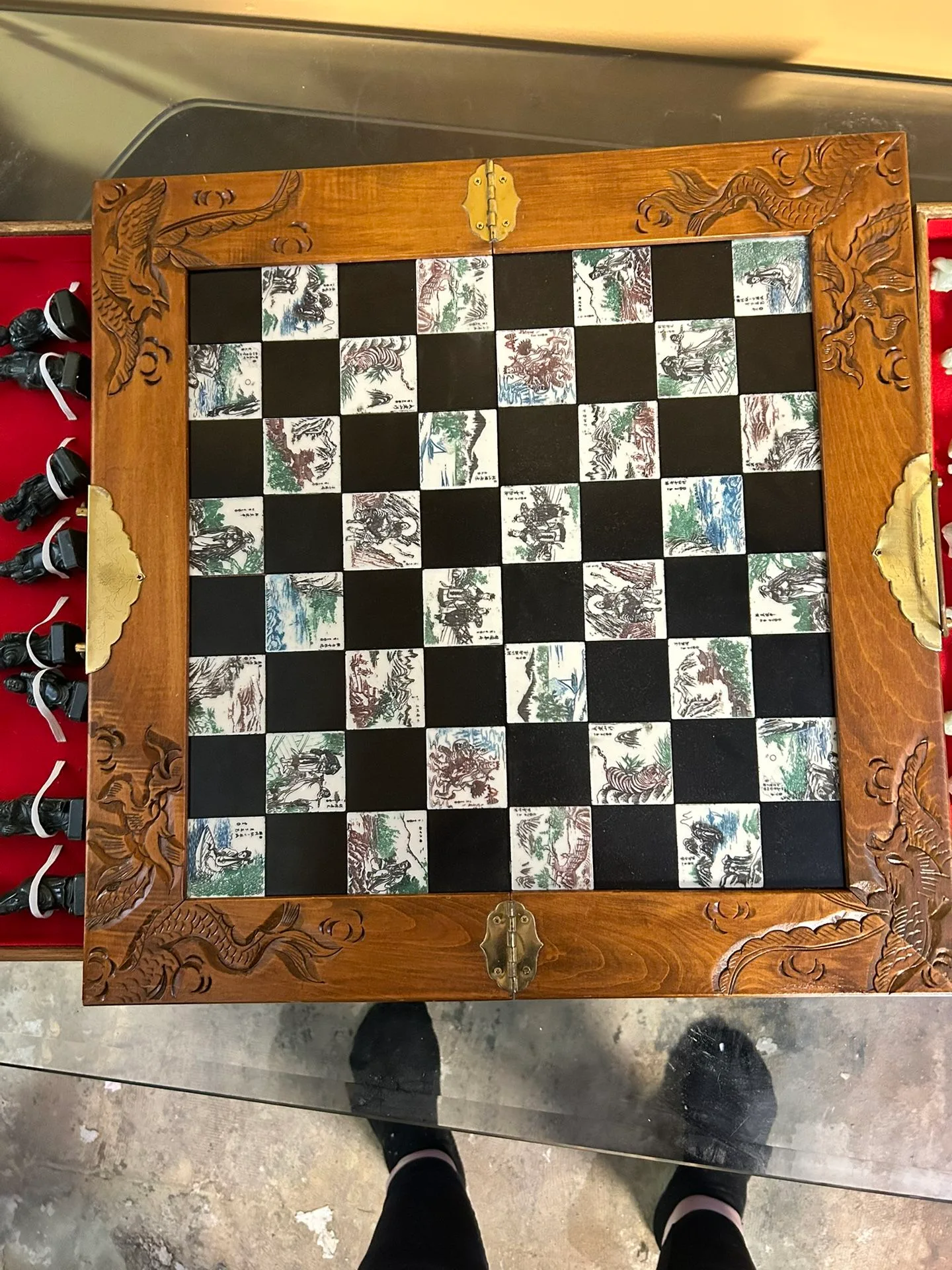 Antique Chinese Carved Wood Chess Set with Jade Pieces