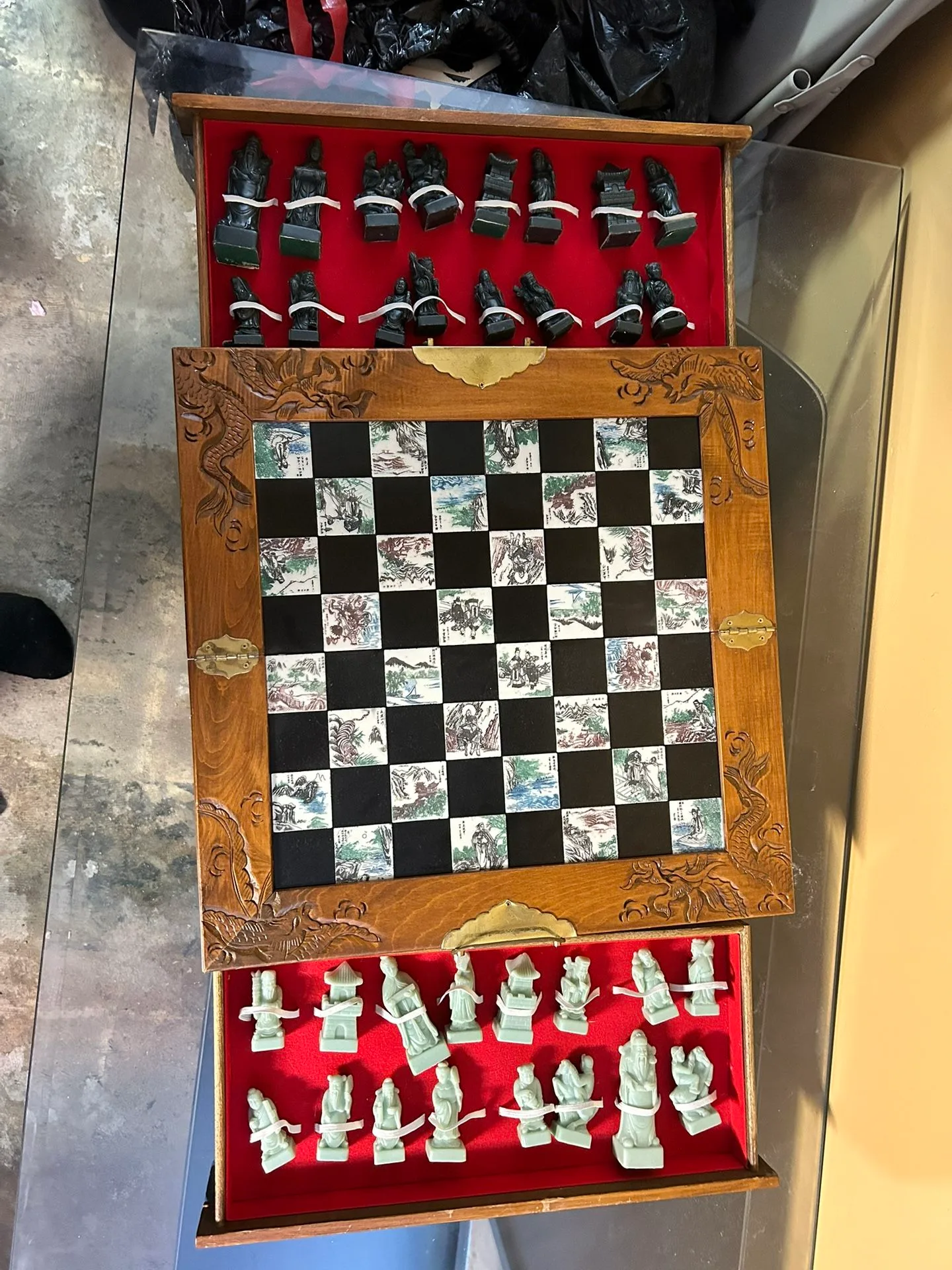 Antique Chinese Carved Wood Chess Set with Jade Pieces image indicator(2)