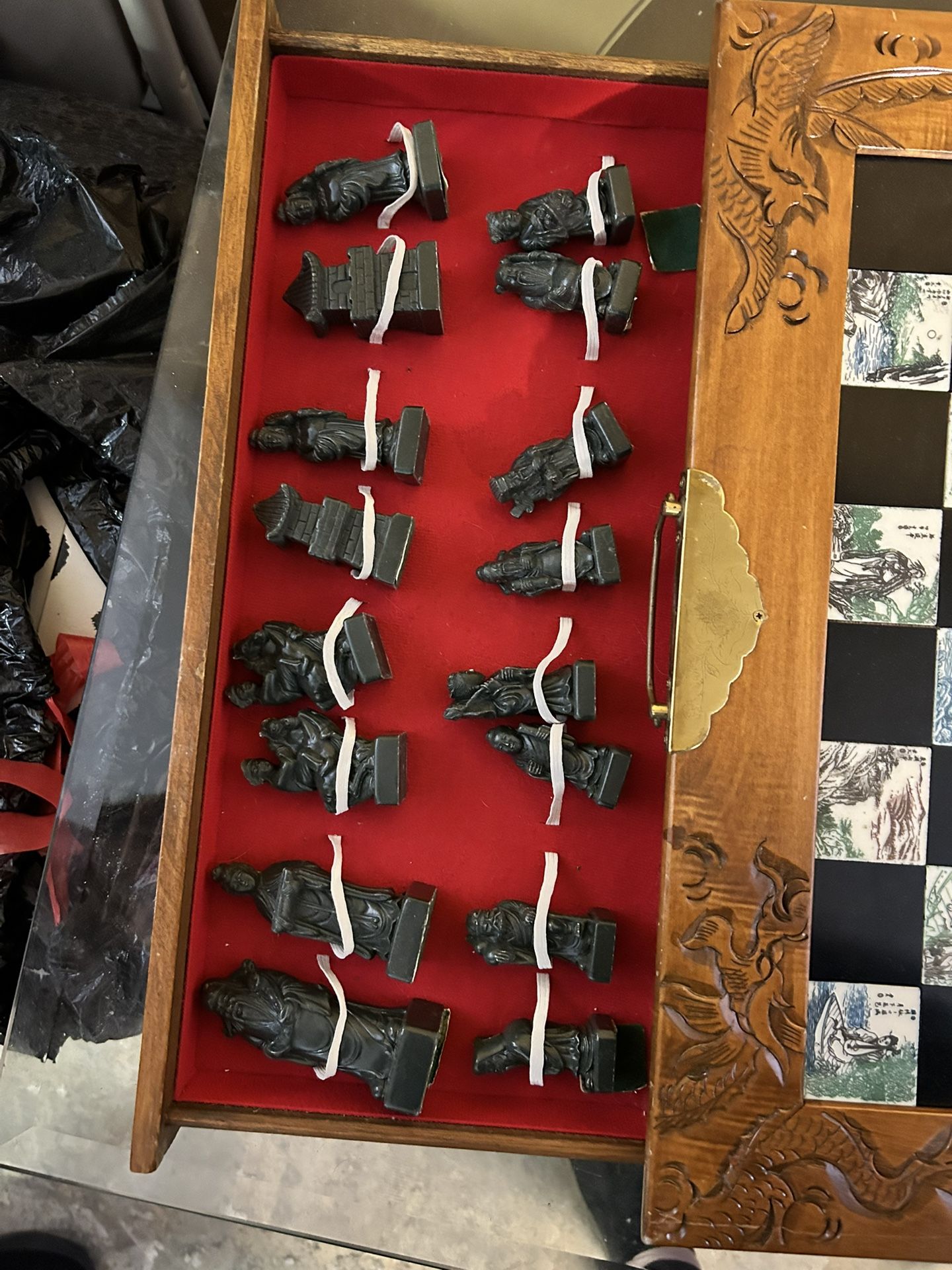 Antique Chinese Carved Wood Chess Set with Jade Pieces - photo 3