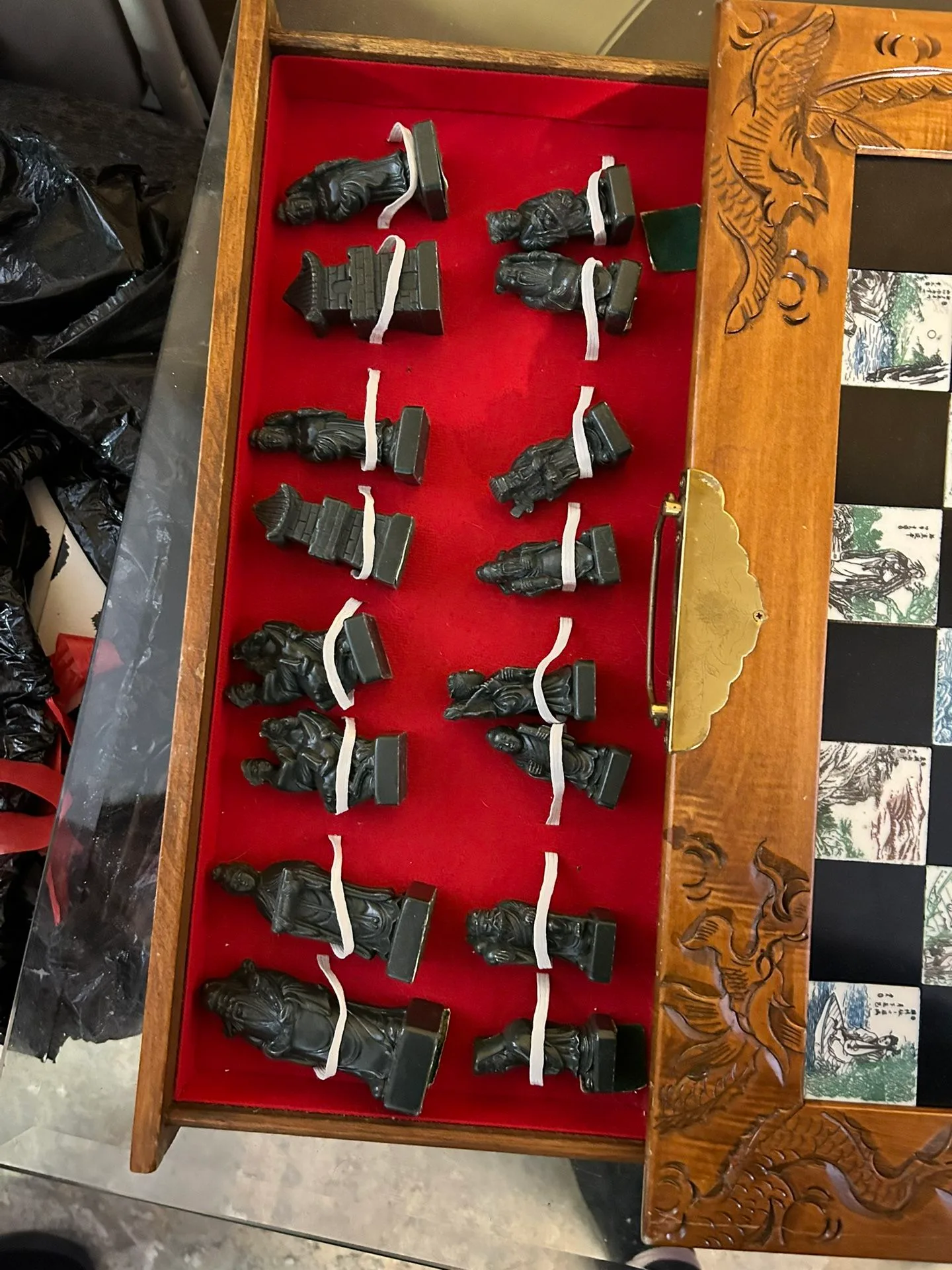 Antique Chinese Carved Wood Chess Set with Jade Pieces image indicator(3)