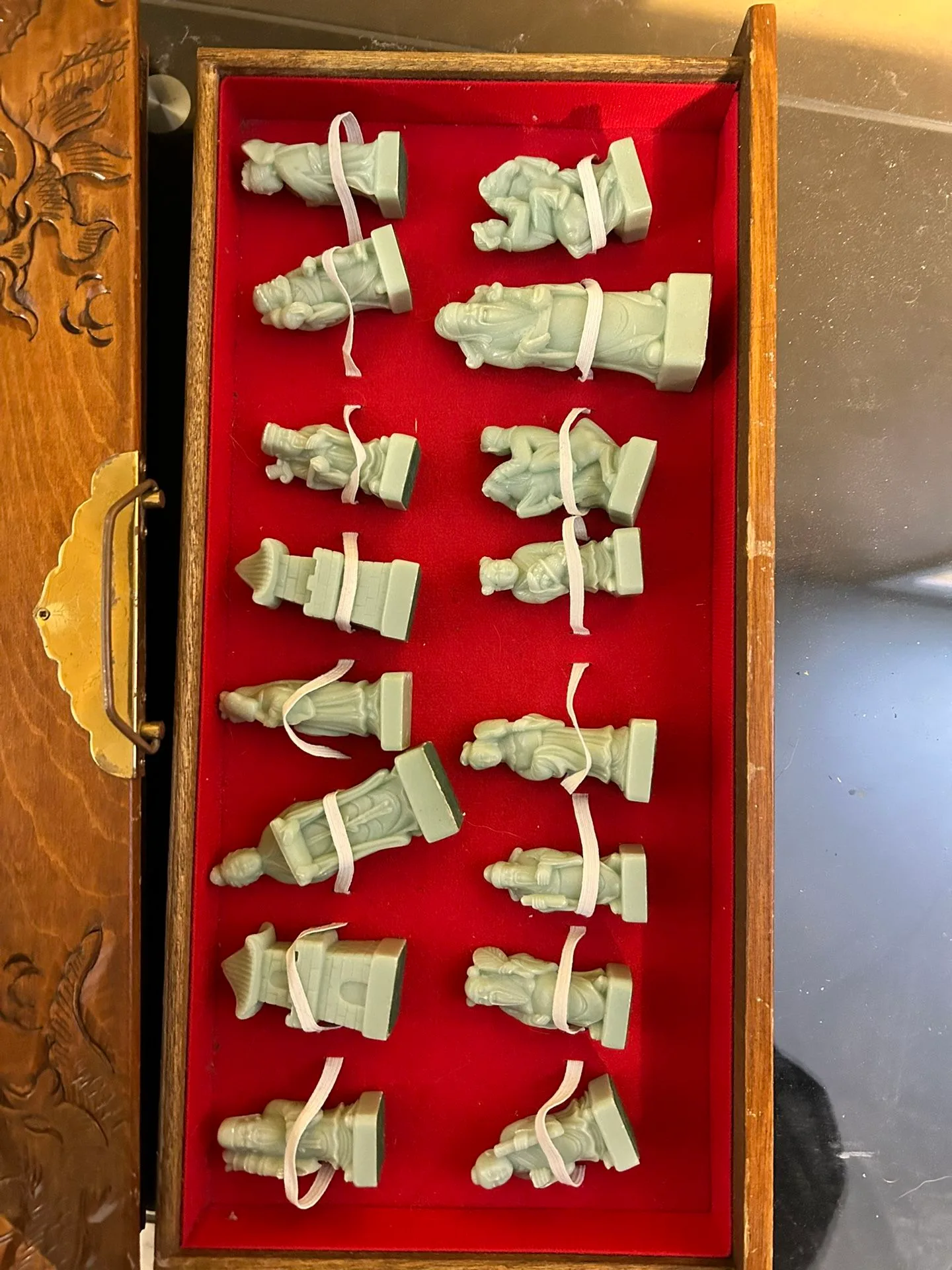 Antique Chinese Carved Wood Chess Set with Jade Pieces image indicator(4)