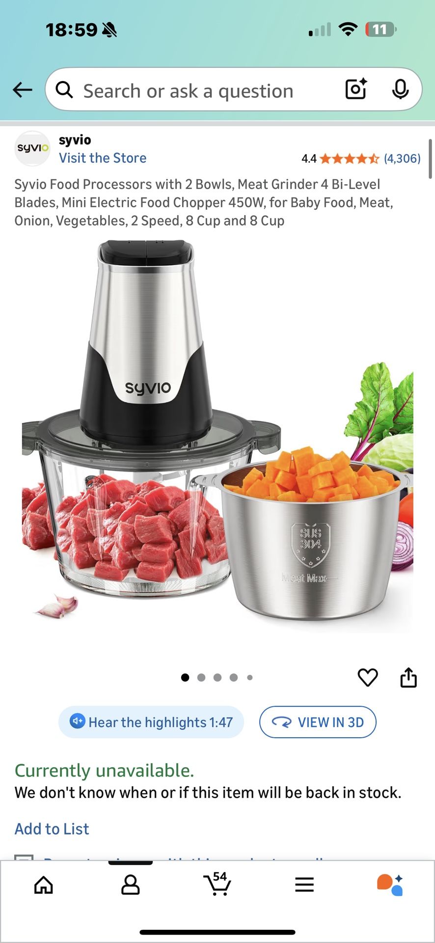 Syvio Food Processors with 2 Bowls Meat Mincer