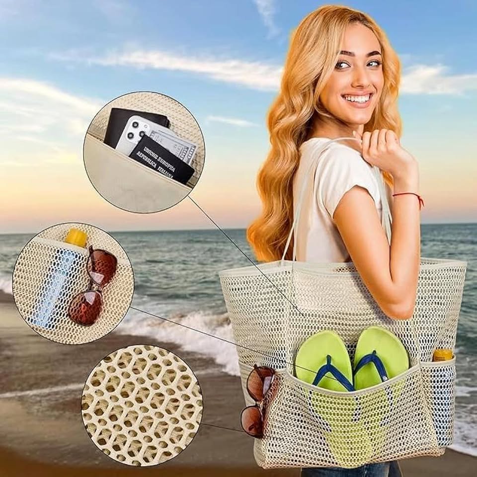 Mesh Beach Bag Tote Large Foldable Swimming Bag Pockets