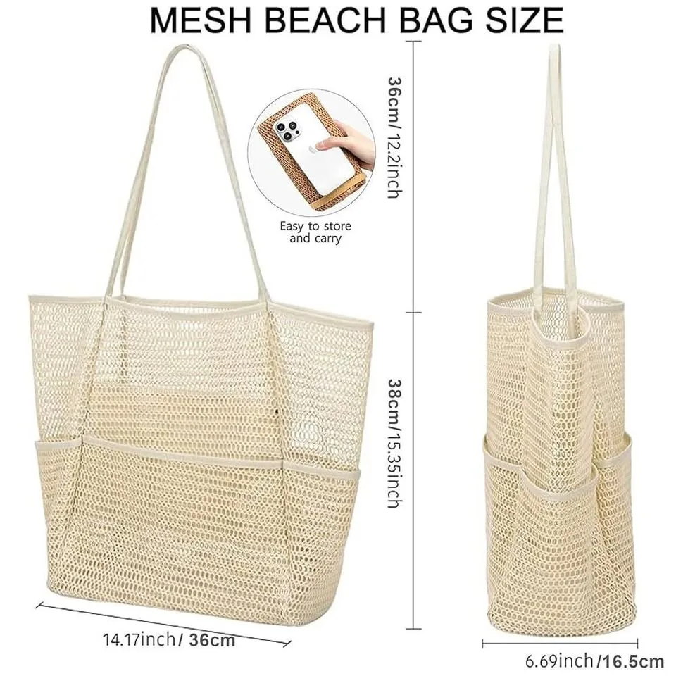 Mesh Beach Bag Tote Large Foldable Swimming Bag Pockets image indicator(2)