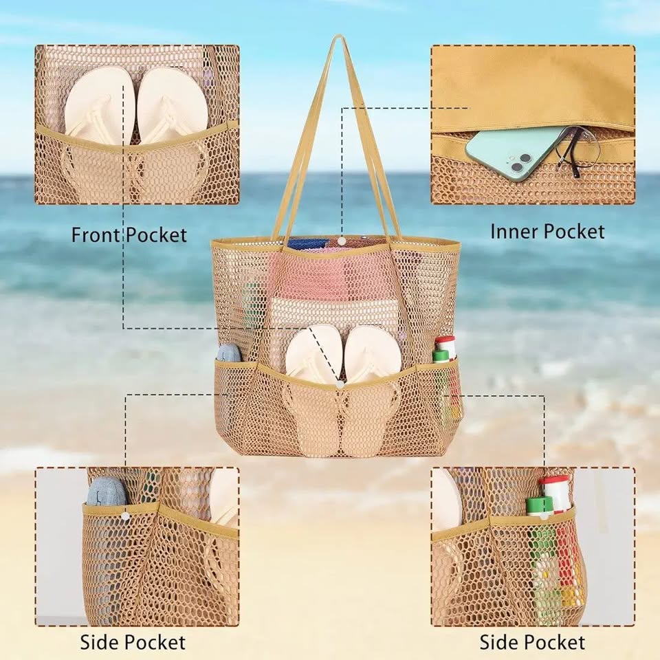 Mesh Beach Bag Tote Large Foldable Swimming Bag Pockets - photo 3