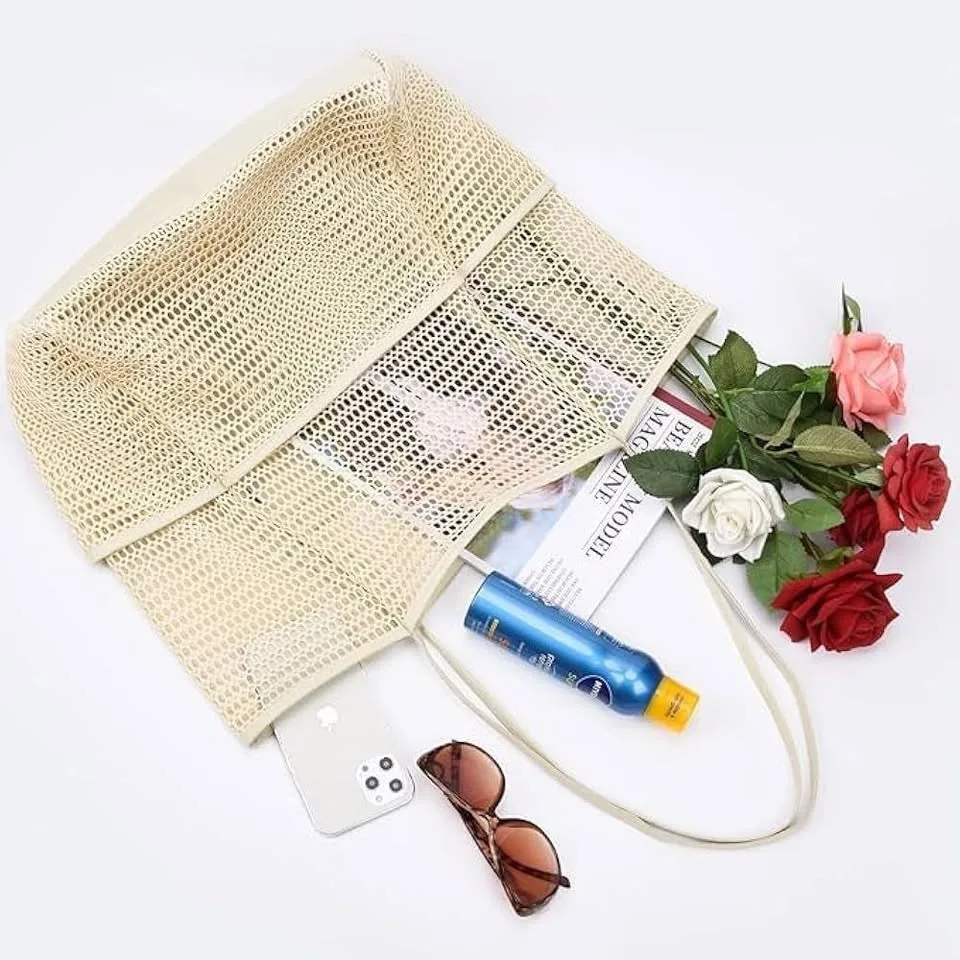 Mesh Beach Bag Tote Large Foldable Swimming Bag Pockets image indicator(4)