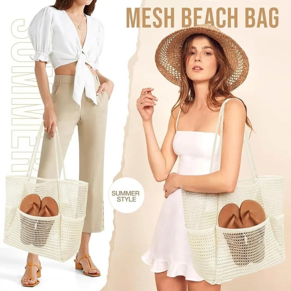 Mesh Beach Bag Tote Large Foldable Swimming Bag Pockets image indicator(5)