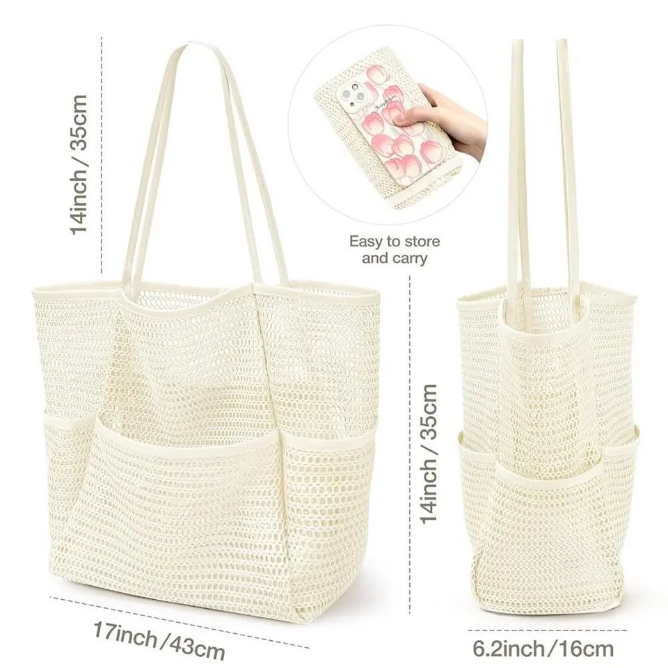 Mesh Beach Bag Tote Large Foldable Swimming Bag Pockets image indicator(6)