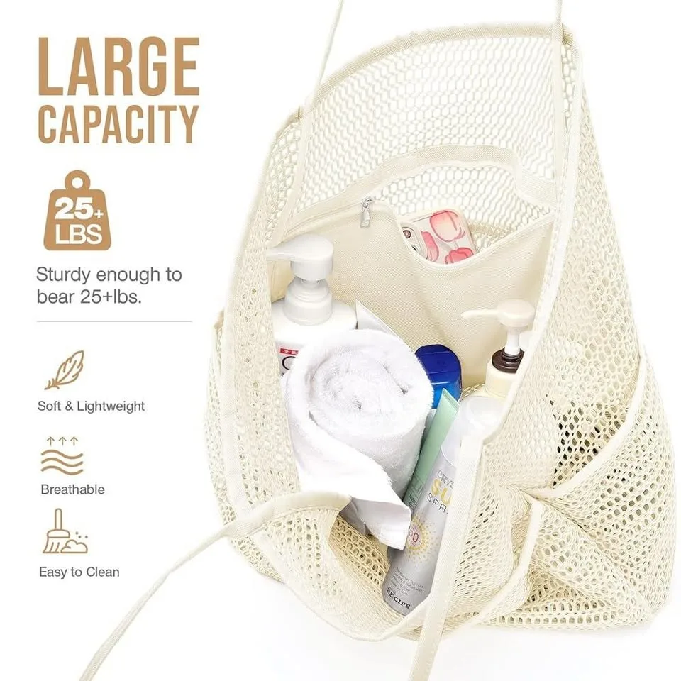 Mesh Beach Bag Tote Large Foldable Swimming Bag Pockets image indicator(7)